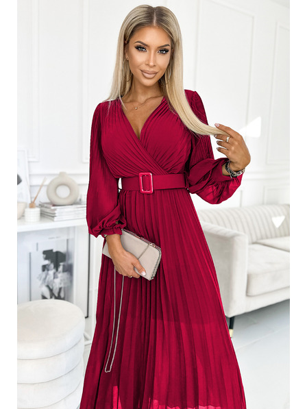 numoco 414-9 KLARA naborane haljine s pojasom i izrezom - Bordo boja