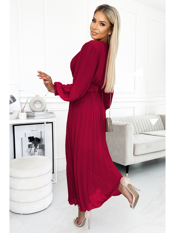 numoco 414-9 KLARA naborane haljine s pojasom i izrezom - Bordo boja