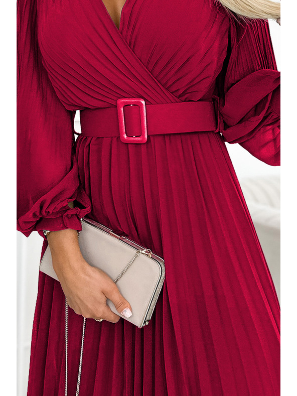 numoco 414-9 KLARA naborane haljine s pojasom i izrezom - Bordo boja