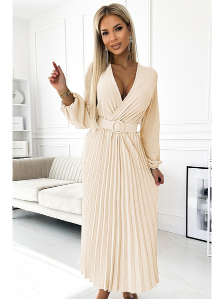 numoco 504-7 VIVIANA Plisované midi haljine s V-izrezom, dugim rukavima i širokim pojasom - svjetlo bež