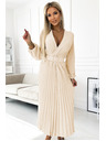 numoco 504-7 VIVIANA Plisované midi haljine s V-izrezom, dugim rukavima i širokim pojasom - svjetlo bež