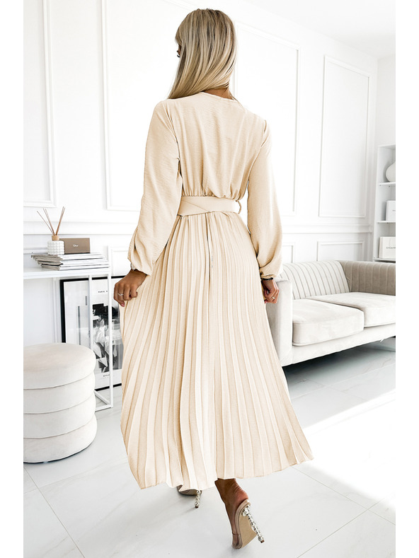numoco 504-7 VIVIANA Plisované midi haljine s V-izrezom, dugim rukavima i širokim pojasom - svjetlo bež