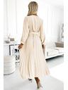 numoco 504-7 VIVIANA Plisované midi haljine s V-izrezom, dugim rukavima i širokim pojasom - svjetlo bež