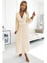 numoco 504-7 VIVIANA Plisované midi haljine s V-izrezom, dugim rukavima i širokim pojasom - svjetlo bež