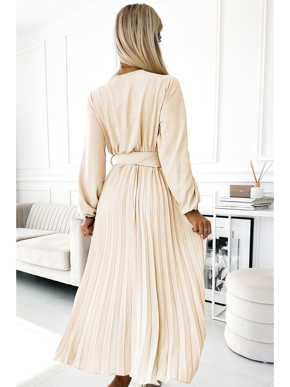 numoco 504-7 VIVIANA Plisované midi haljine s V-izrezom, dugim rukavima i širokim pojasom - svjetlo bež
