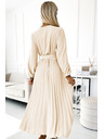 numoco 504-7 VIVIANA Plisované midi haljine s V-izrezom, dugim rukavima i širokim pojasom - svjetlo bež