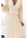 numoco 504-7 VIVIANA Plisované midi haljine s V-izrezom, dugim rukavima i širokim pojasom - svjetlo bež