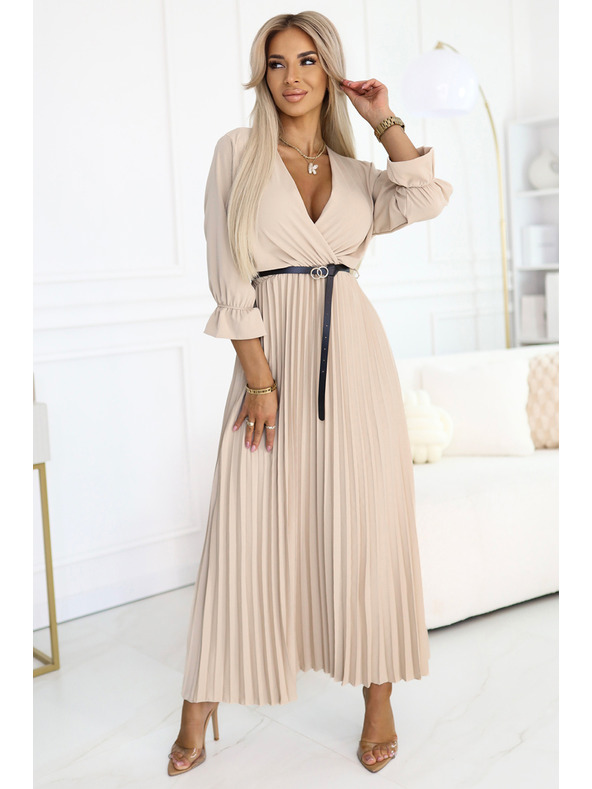 numoco 462-5 SERENA Nabrane maxi haljine s izrezom, pojasom i 3/4 rukavima - TAMNO BEŽ