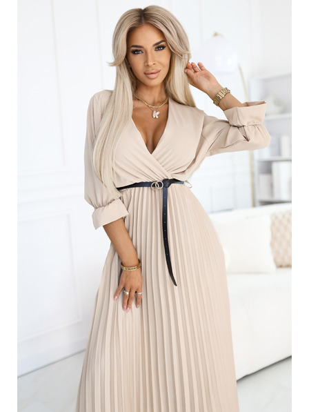 numoco 462-5 SERENA Nabrane maxi haljine s izrezom, pojasom i 3/4 rukavima - TAMNO BEŽ