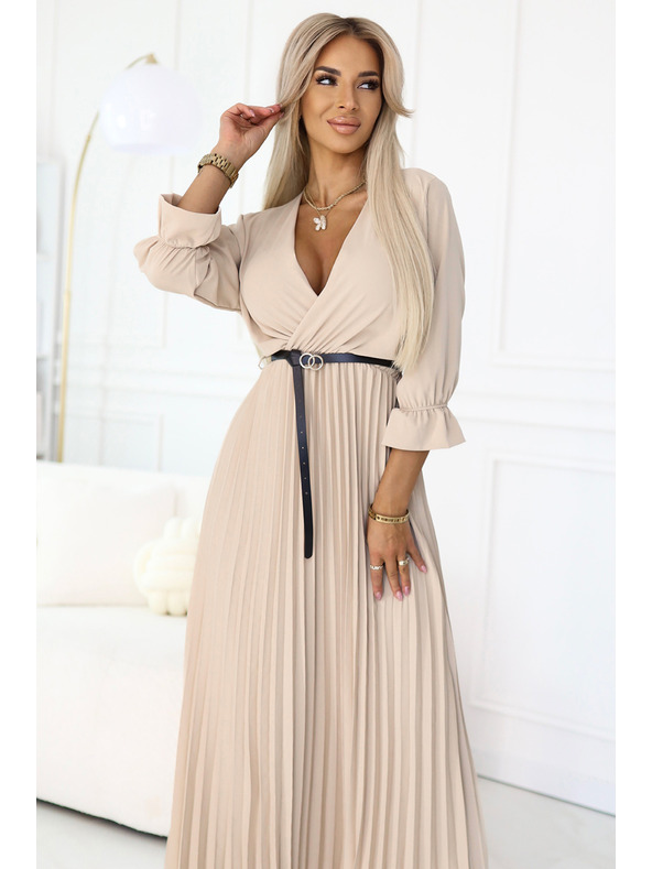 numoco 462-5 SERENA Nabrane maxi haljine s izrezom, pojasom i 3/4 rukavima - TAMNO BEŽ