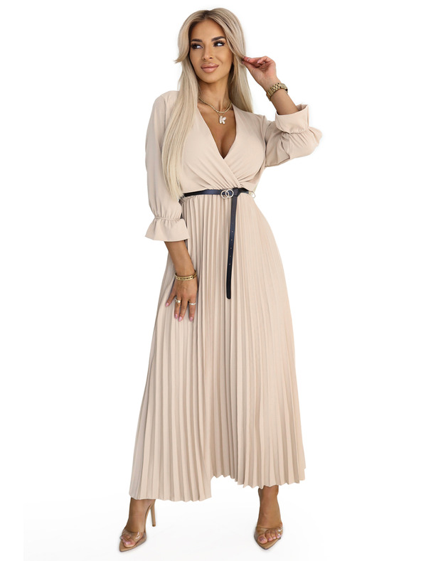 numoco 462-5 SERENA Nabrane maxi haljine s izrezom, pojasom i 3/4 rukavima - TAMNO BEŽ