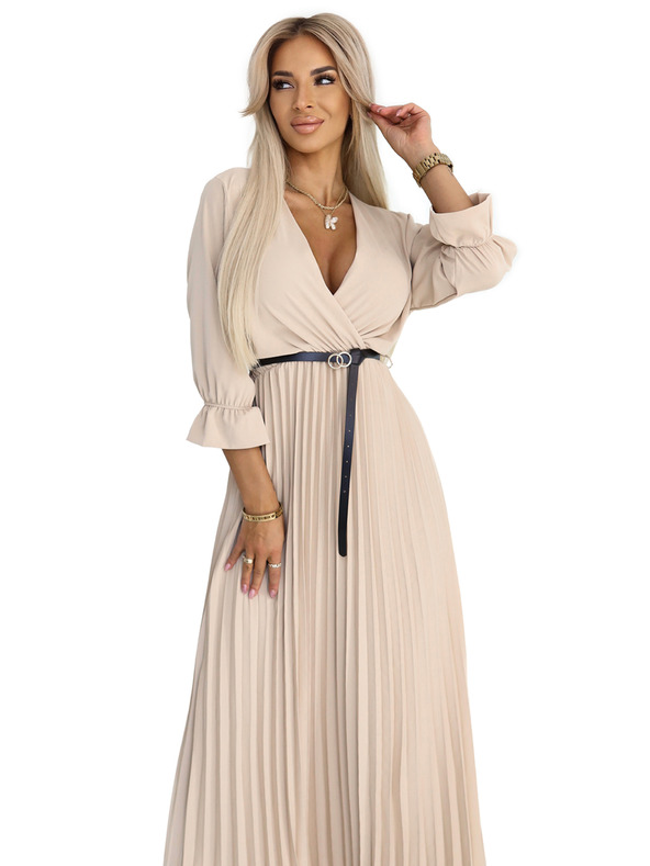 numoco 462-5 SERENA Nabrane maxi haljine s izrezom, pojasom i 3/4 rukavima - TAMNO BEŽ