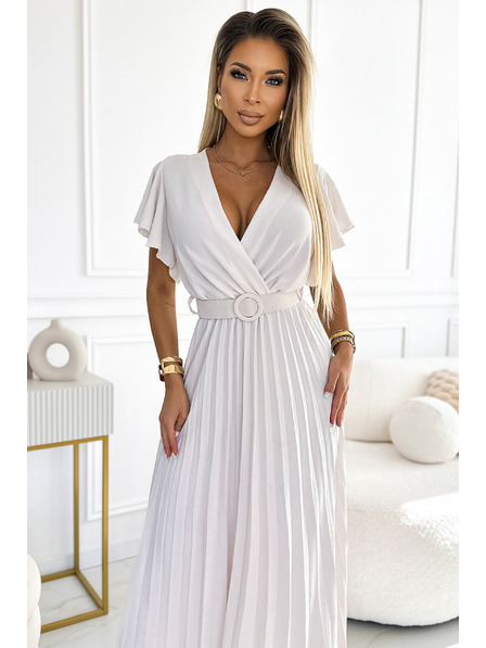 numoco 585-1 Nabrane ljetne midi haljine s izrezom i širokim pojasom - ecru