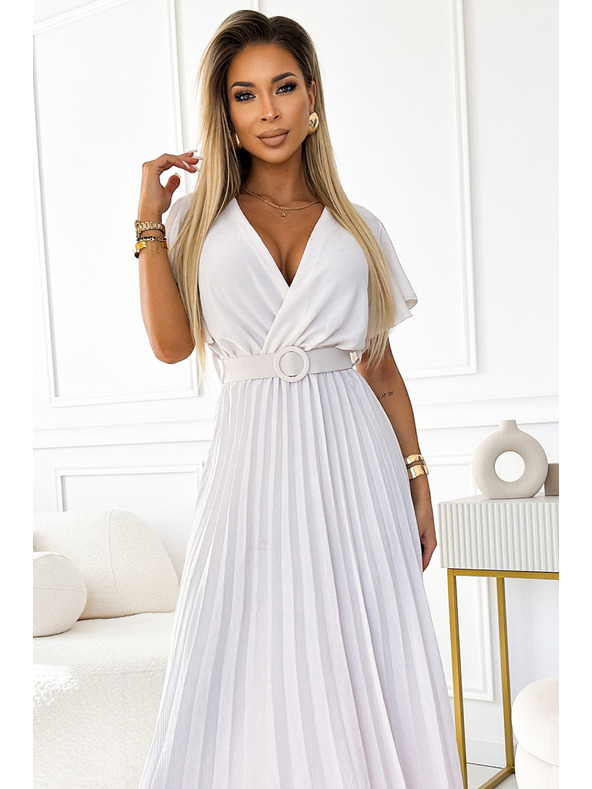 numoco 585-1 Nabrane ljetne midi haljine s izrezom i širokim pojasom - ecru