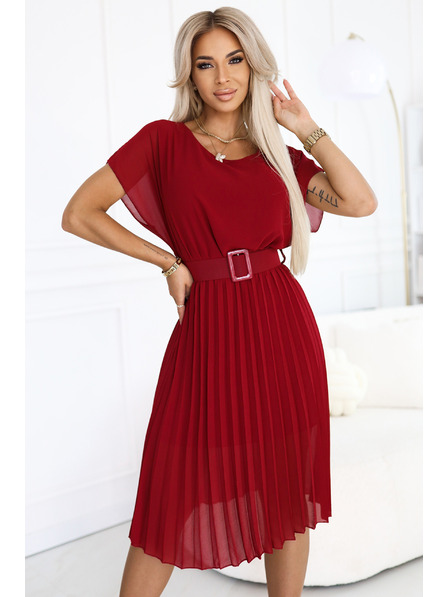 numoco 465-5 MIA Nabrane šifon midi haljine s širokim pojasom - vinsko crvena