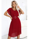 numoco 465-5 MIA Nabrane šifon midi haljine s širokim pojasom - vinsko crvena