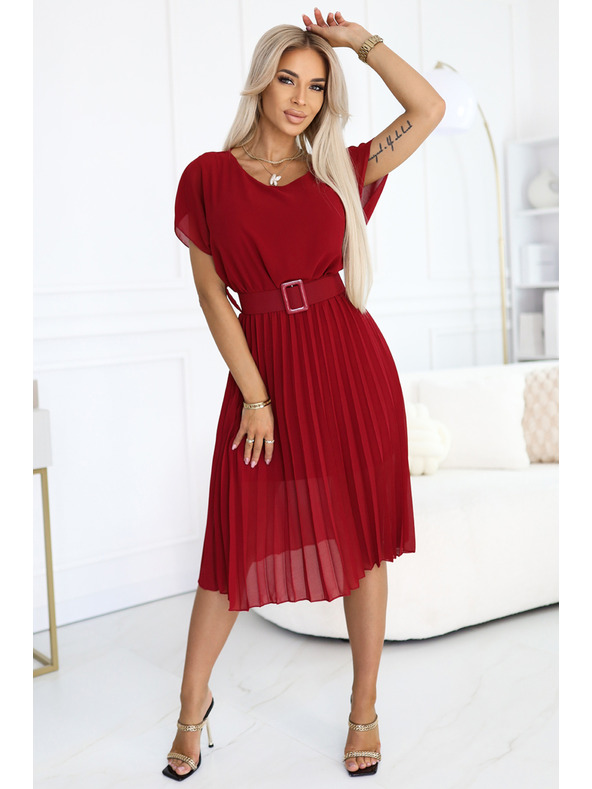 numoco 465-5 MIA Nabrane šifon midi haljine s širokim pojasom - vinsko crvena