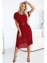 numoco 465-5 MIA Nabrane šifon midi haljine s širokim pojasom - vinsko crvena