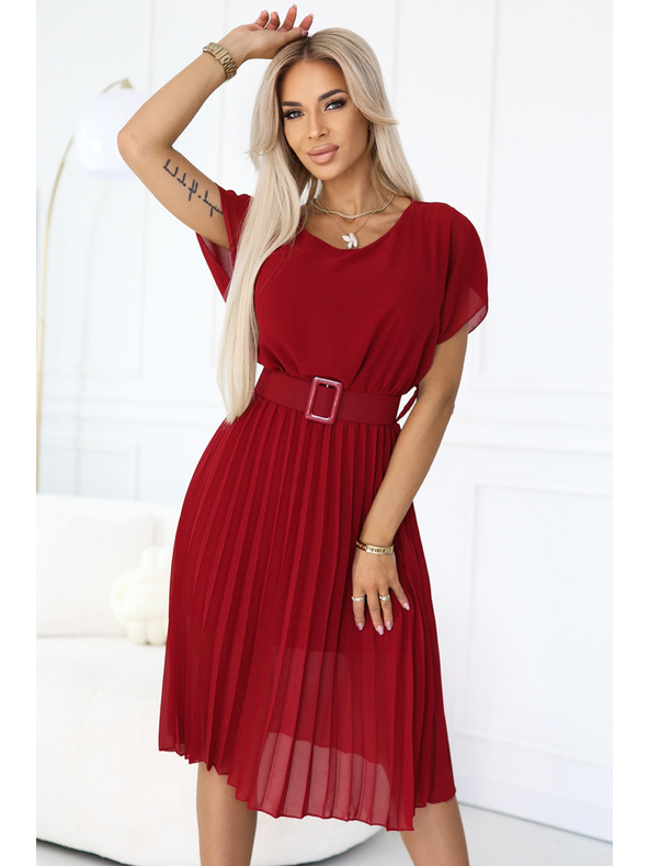 numoco 465-5 MIA Nabrane šifon midi haljine s širokim pojasom - vinsko crvena