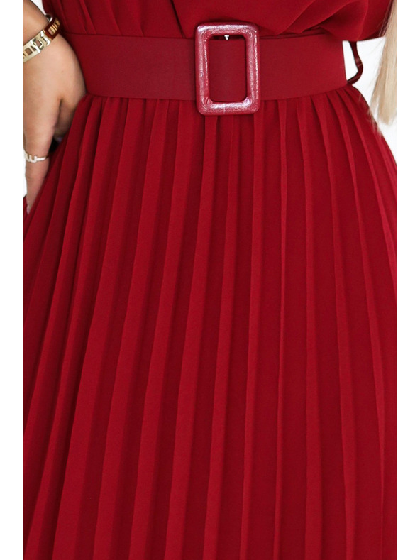 numoco 465-5 MIA Nabrane šifon midi haljine s širokim pojasom - vinsko crvena