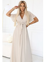 numoco 545-3 Duge haljine s naboranim izrezom i vezivanjem - bež