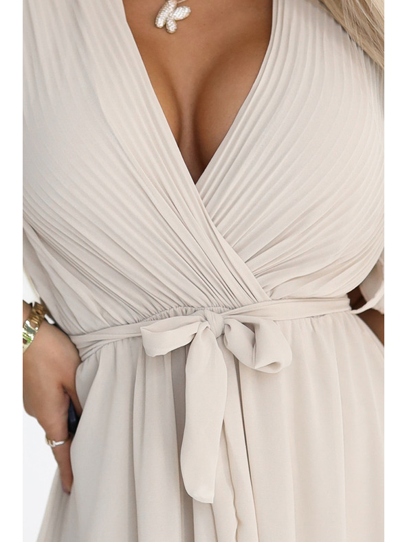 numoco 545-3 Duge haljine s naboranim izrezom i vezivanjem - bež