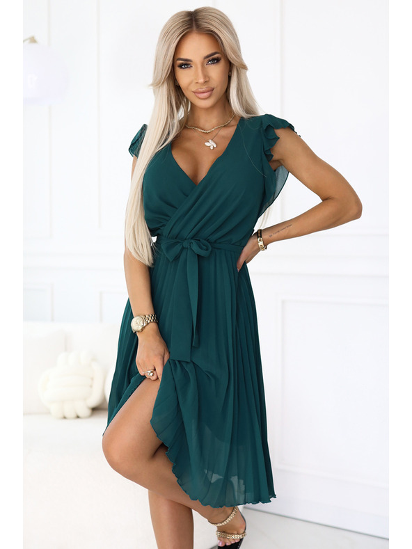 numoco 374-8 POLINA Nabrane haljine s izrezom i volanima - zelene