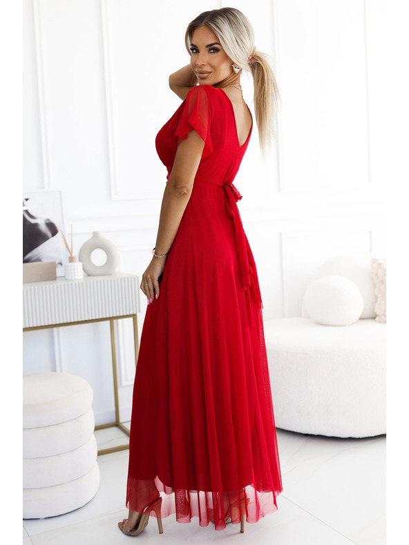numoco 562-7 NASTIA Duge haljine s izrezom i kratkim rukavima - crvene