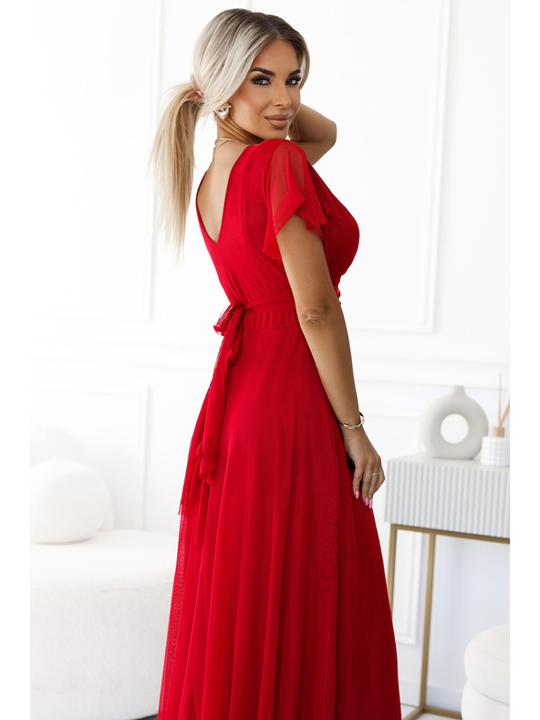 numoco 562-7 NASTIA Duge haljine s izrezom i kratkim rukavima - crvene