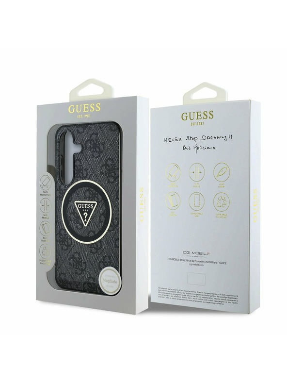 Guess IML 4G Glitter and Triangle Logo MagSafe Zadní Kryt pro Samsung Galaxy S25 Black Etui za telefon