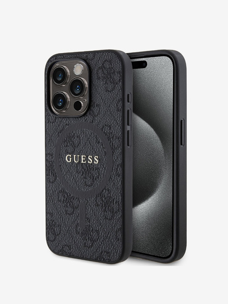 Guess PU Leather 4G Colored Ring MagSafe Zadní Kryt pro iPhone 15 Pro Black Etui za telefon