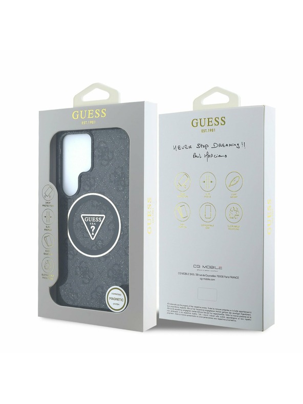 Guess IML 4G Glitter and Triangle Logo MagSafe Zadní Kryt pro Samsung Galaxy S25 Ultra Black Etui za telefon