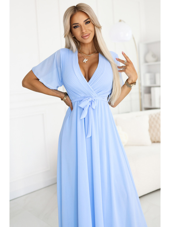 numoco 545-2 Duge haljine s naboranim izrezom i vezivanjem - svijetloplava
