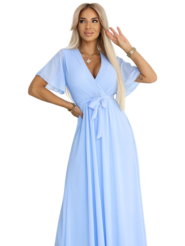 numoco 545-2 Duge haljine s naboranim izrezom i vezivanjem - svijetloplava
