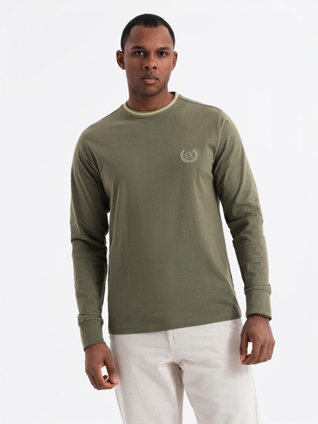 Ombre Clothing Muška pamučna majica s dugim rukavima, prugastim U-izrezom i vezenom oznakom Ombre Clothing