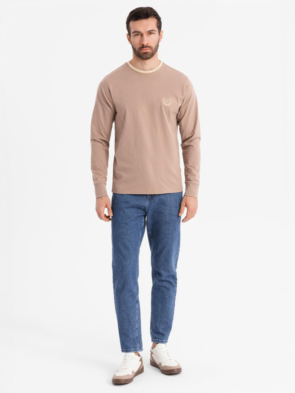 Ombre Clothing Muška pamučna majica s dugim rukavima, prugastim U-izrezom i vezenom oznakom Ombre Clothing